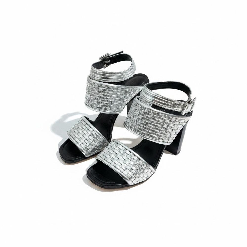 Sigerson Morrison Leather Weaved Silver High Heels Sandals Size 6 NWOB